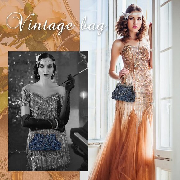 ⚡ Women\'s Blue Rhinestones Vintage Beaded Satin Lining Evening Clutch Bag